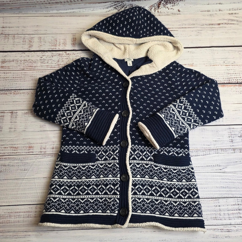 LL Bean Navy Fair Isle Sherpa Lined Hooded Cardigan Sweater Women Medium 298271